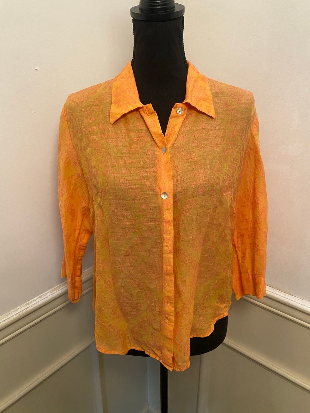 Vintage Kiko Silk Linen Blend Button Down Top Orange Pink Textured Blouse Floral